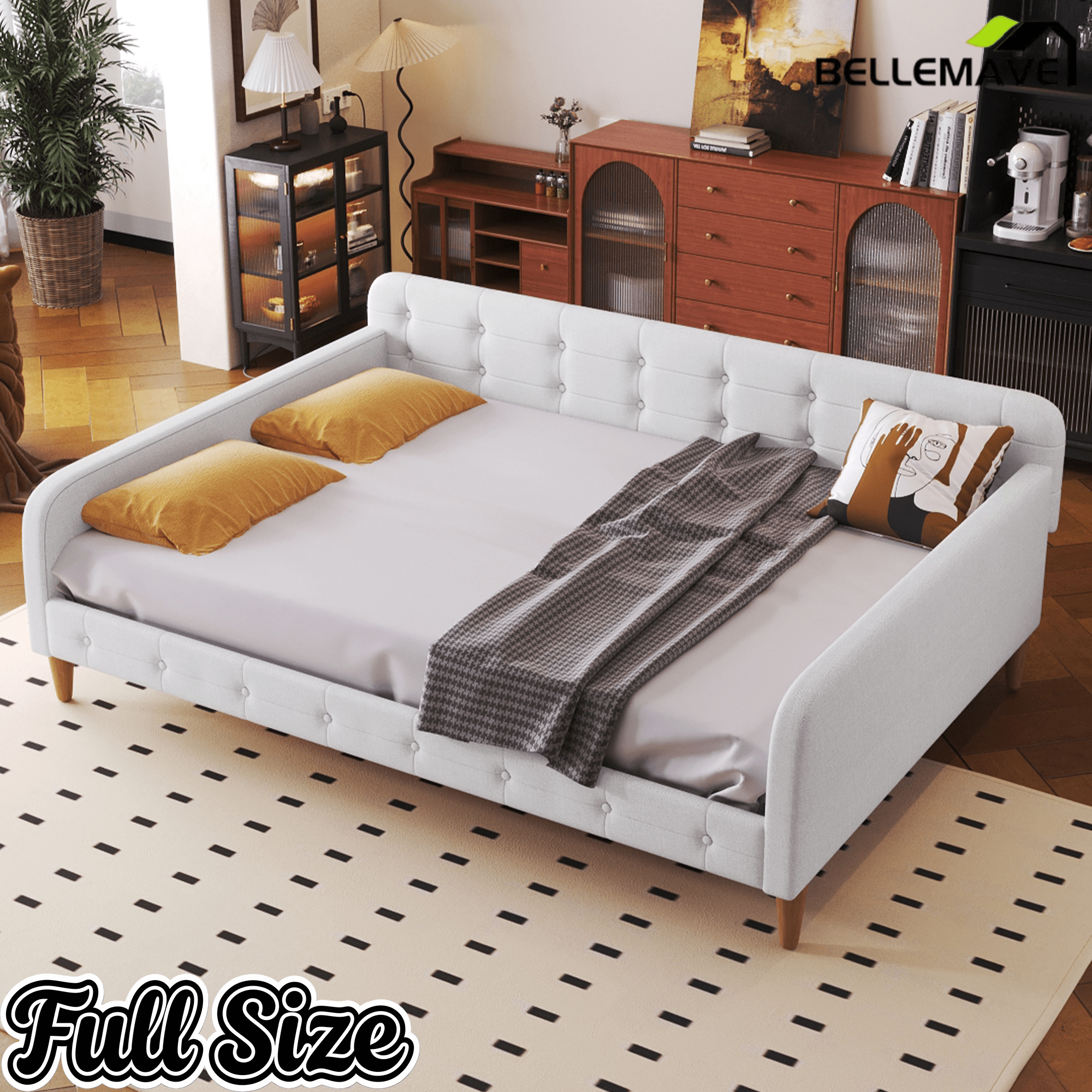 Bellemave Queen Size Upholstered Daybed with 4 Support Legs, Corner Bed, Upholstered Bedframe for Kids,Teens,Adults, Pink (Linen) - Bellemave