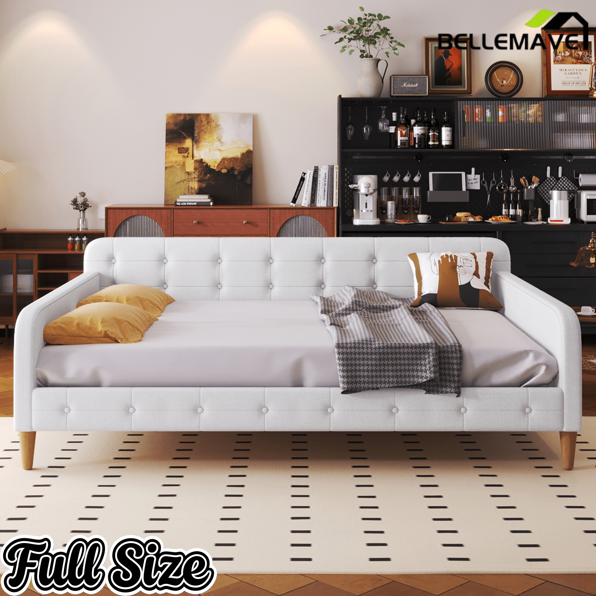 Bellemave Queen Size Upholstered Daybed with 4 Support Legs, Corner Bed, Upholstered Bedframe for Kids,Teens,Adults, Pink (Linen) - Bellemave