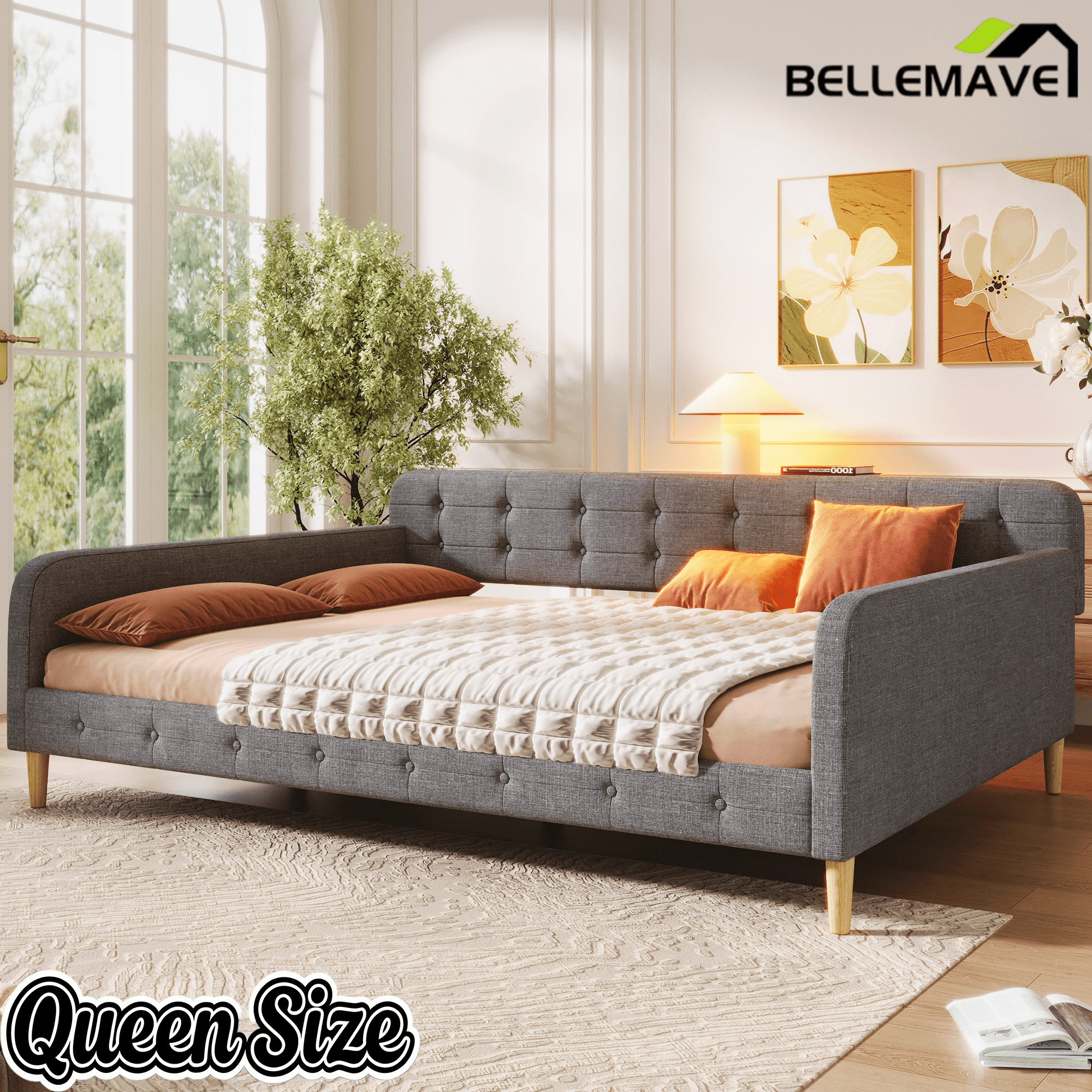 Bellemave Queen Size Upholstered Daybed with 4 Support Legs, Corner Bed, Upholstered Bedframe for Kids,Teens,Adults, Pink (Linen) - Bellemave