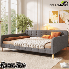 Bellemave Queen Size Upholstered Daybed with 4 Support Legs, Corner Bed, Upholstered Bedframe for Kids,Teens,Adults, Pink (Linen) - Bellemave