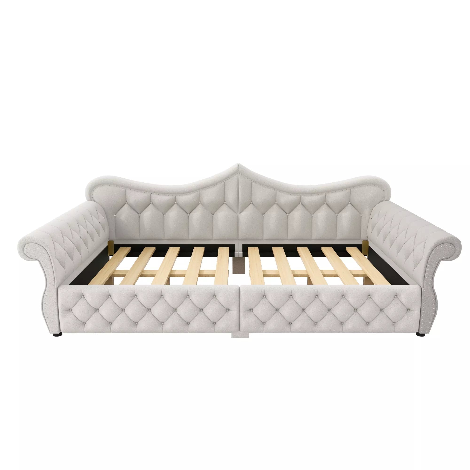 Front view of queen upholstered daybed with tufted backrest and rolled arms