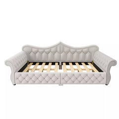 Front view of queen upholstered daybed with tufted backrest and rolled arms