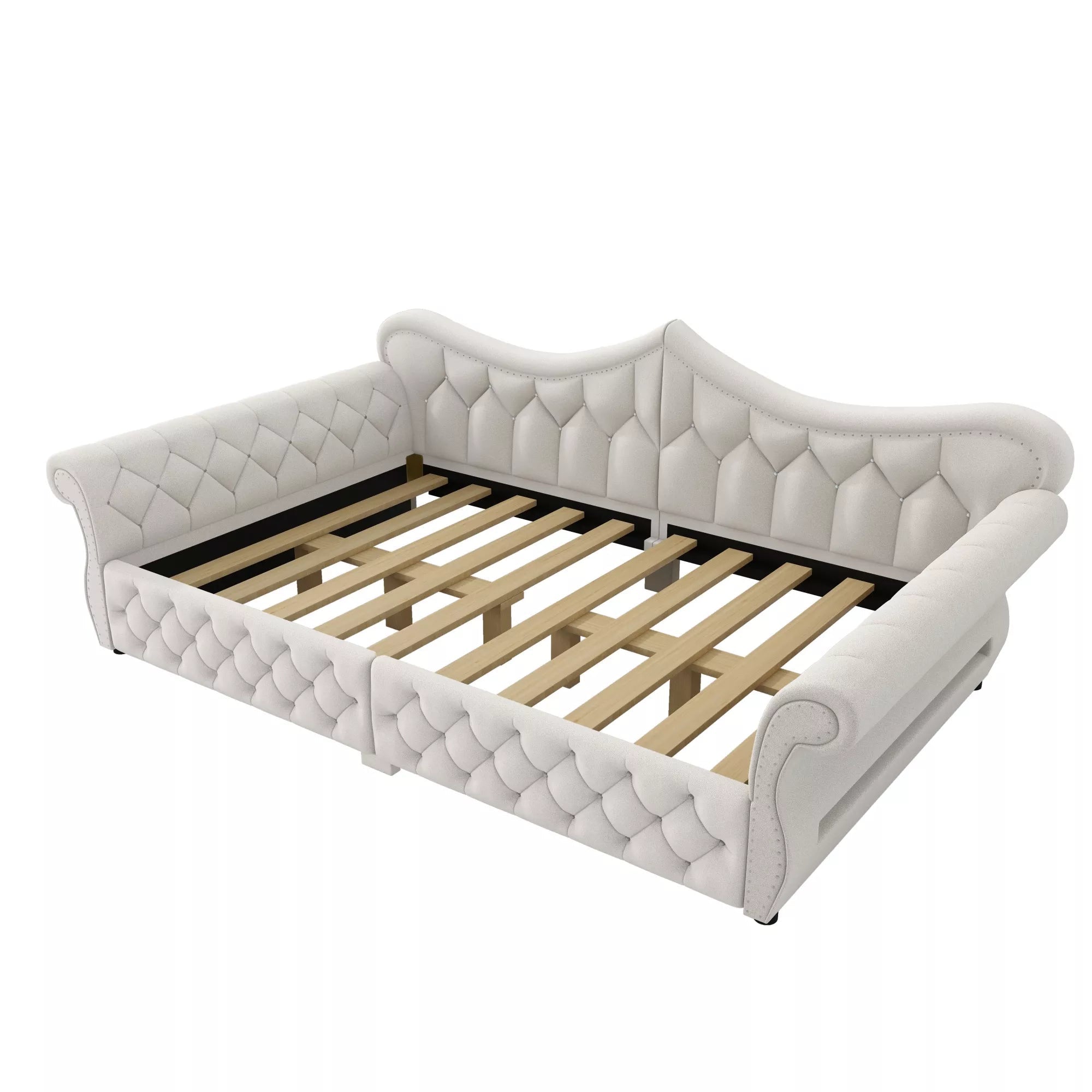 Angled view of upholstered daybed with rolled arms and wooden slats