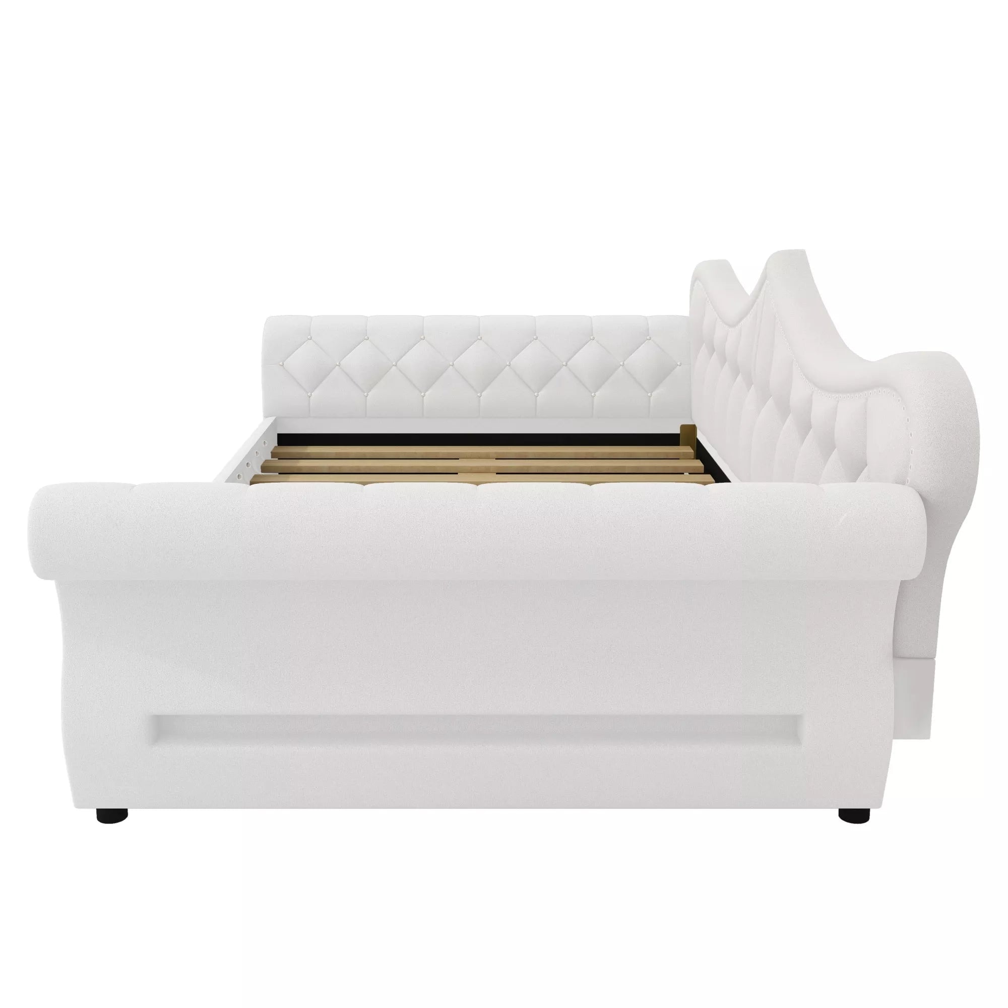 Rear view of upholstered daybed with padded backrest and side arms