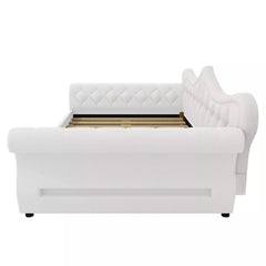 Rear view of upholstered daybed with padded backrest and side arms