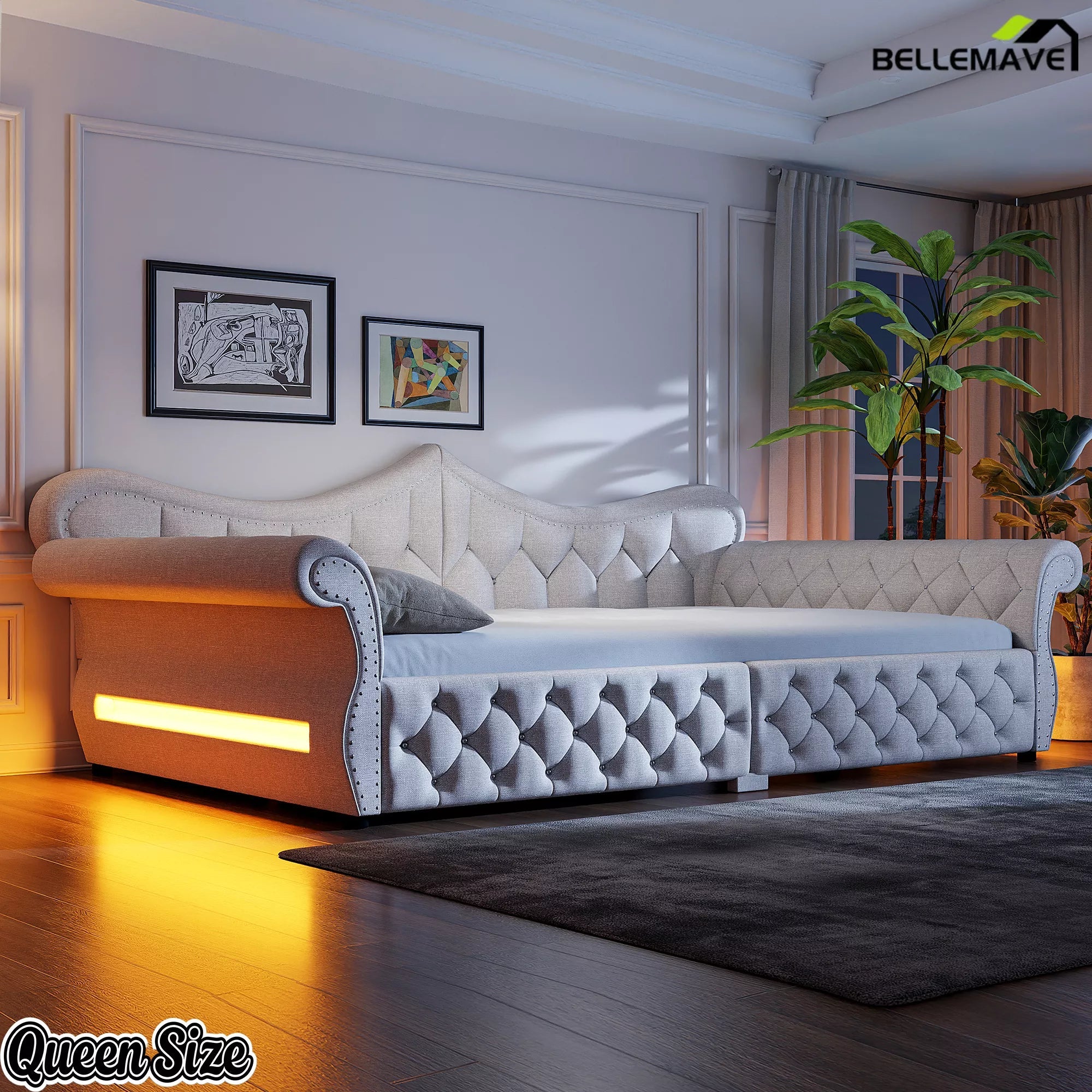 Cream upholstered queen daybed with warm LED accent lighting