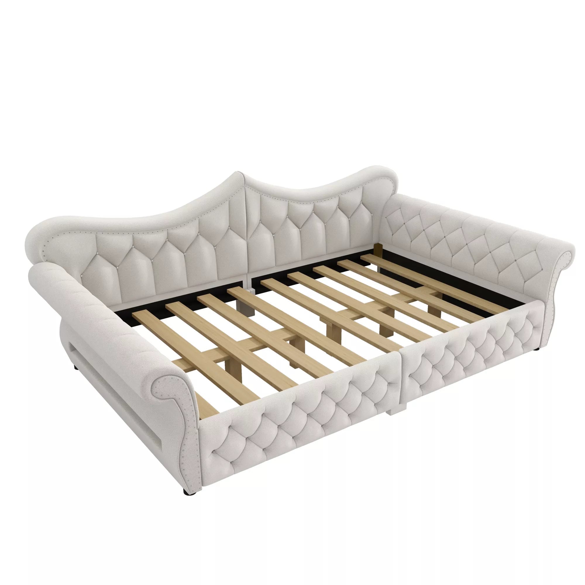 Queen size upholstered daybed with diamond tufting and rolled arms, angled view