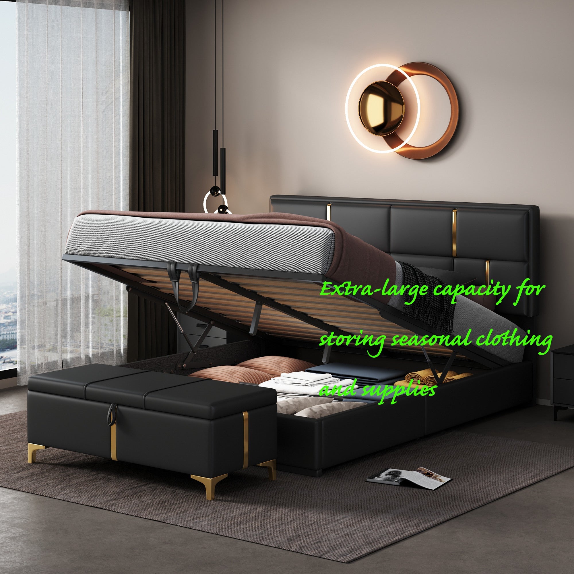 Bellemave® Queen Size Upholstered Platform Bed with Hydraulic Storage System,Storage Ottoman with Metal Legs,Black - Bellemave