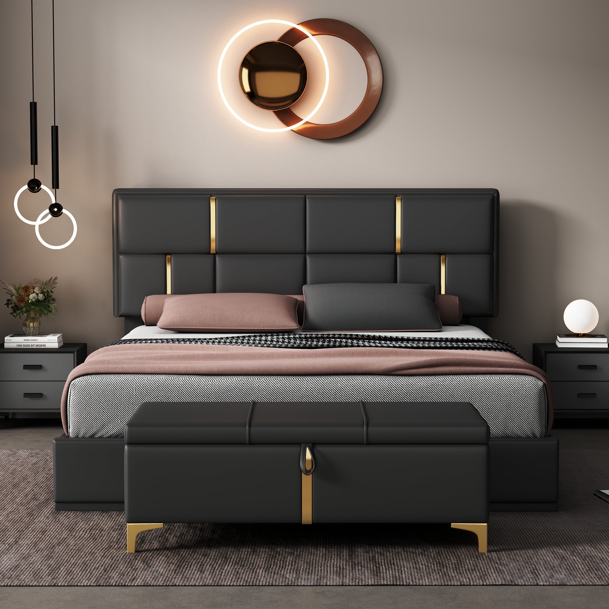 Bellemave® Queen Size Upholstered Platform Bed with Hydraulic Storage System,Storage Ottoman with Metal Legs,Black - Bellemave