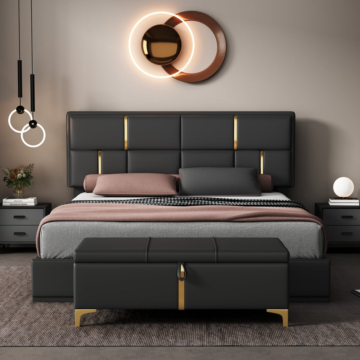 Bellemave® Queen Size Upholstered Platform Bed with Hydraulic Storage System,Storage Ottoman with Metal Legs,Black - Bellemave