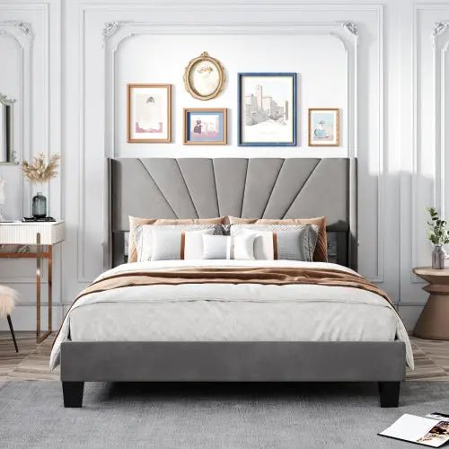 Bellemave® Queen Size Velvet Upholstered Platform Bed, Box Spring Needed - Bellemave
