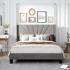 Bellemave® Queen Size Velvet Upholstered Platform Bed, Box Spring Needed - Bellemave