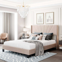 Bellemave® Queen Size Velvet Upholstered Platform Bed, Box Spring Needed - Bellemave