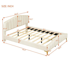 Bellemave® Queen Size Velvet Upholstered Platform Bed with Thick Fabric, Stylish Stripe Decorative Headboard and Metal Bed Leg - Bellemave