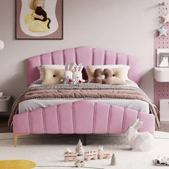 Bellemave® Queen Size Velvet Upholstered Platform Bed with Thick Fabric, Stylish Stripe Decorative Headboard and Metal Bed Leg - Bellemave