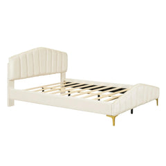 Bellemave® Queen Size Velvet Upholstered Platform Bed with Thick Fabric, Stylish Stripe Decorative Headboard and Metal Bed Leg - Bellemave