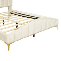 Bellemave® Queen Size Velvet Upholstered Platform Bed with Thick Fabric, Stylish Stripe Decorative Headboard and Metal Bed Leg - Bellemave