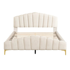 Bellemave® Queen Size Velvet Upholstered Platform Bed with Thick Fabric, Stylish Stripe Decorative Headboard and Metal Bed Leg - Bellemave