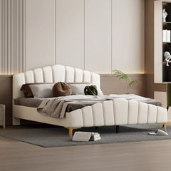 Bellemave® Queen Size Velvet Upholstered Platform Bed with Thick Fabric, Stylish Stripe Decorative Headboard and Metal Bed Leg - Bellemave