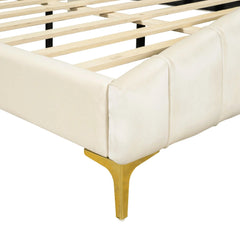 Bellemave® Queen Size Velvet Upholstered Platform Bed with Thick Fabric, Stylish Stripe Decorative Headboard and Metal Bed Leg - Bellemave