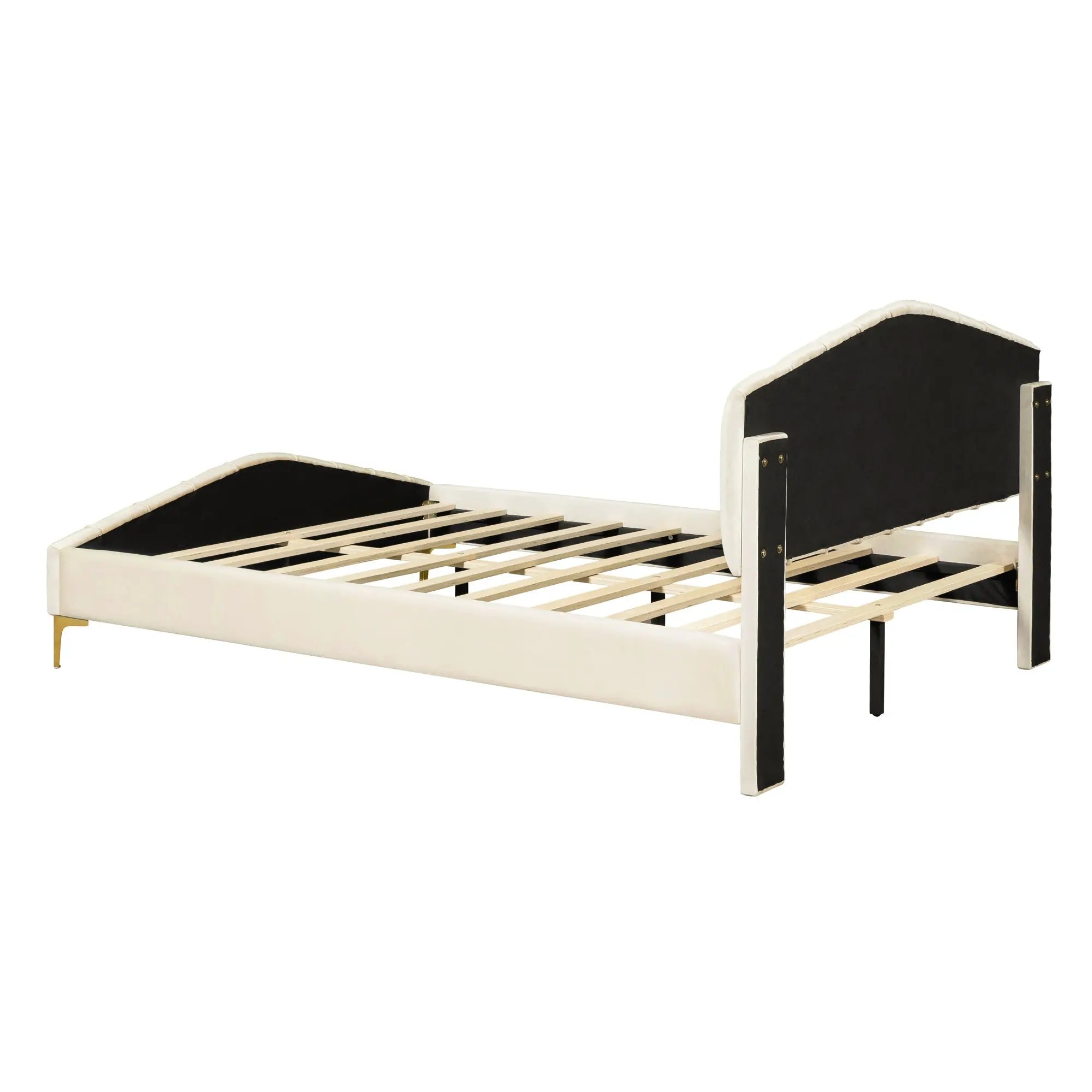 Bellemave® Queen Size Velvet Upholstered Platform Bed with Thick Fabric, Stylish Stripe Decorative Headboard and Metal Bed Leg - Bellemave