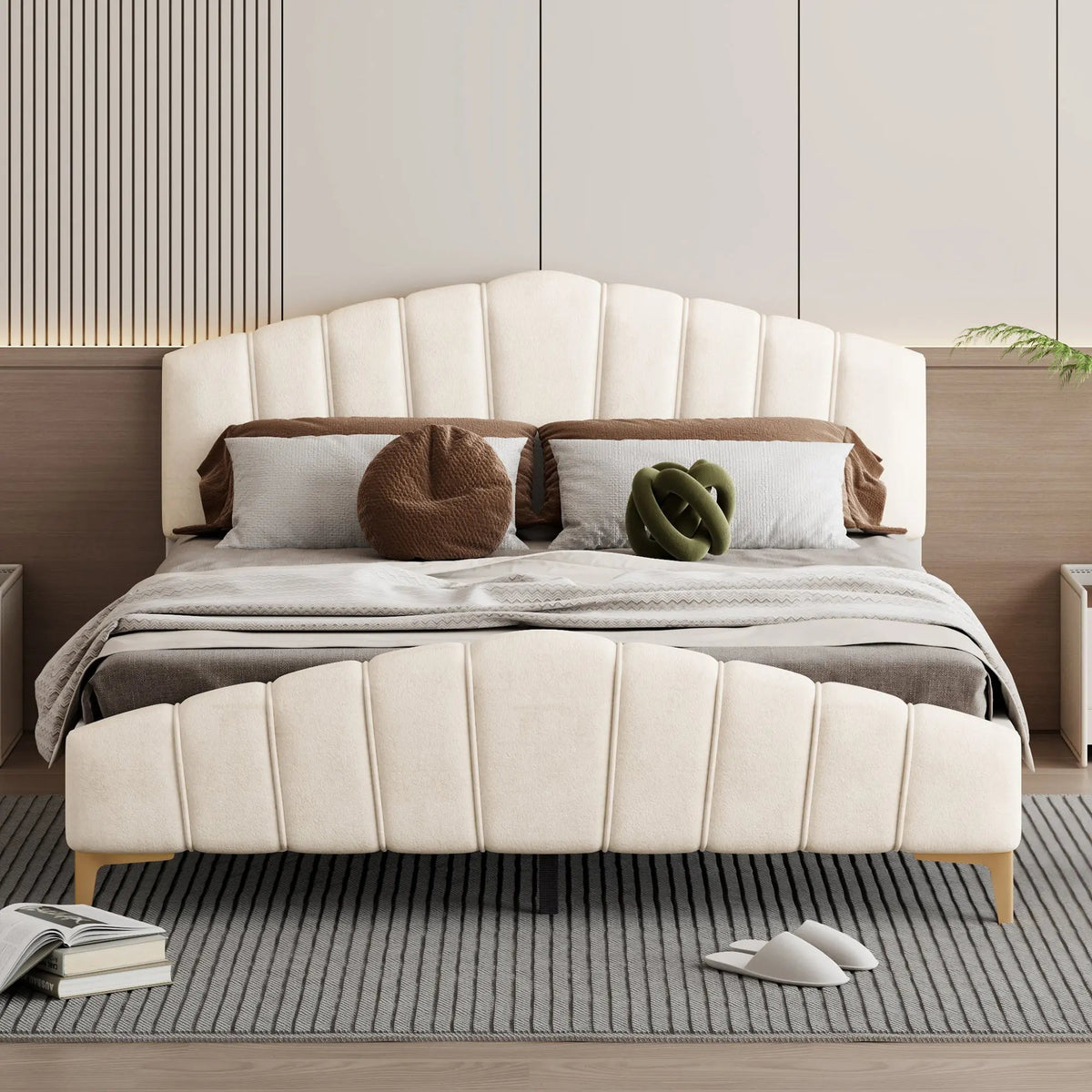Bellemave® Queen Size Velvet Upholstered Platform Bed with Thick Fabric, Stylish Stripe Decorative Headboard and Metal Bed Leg - Bellemave