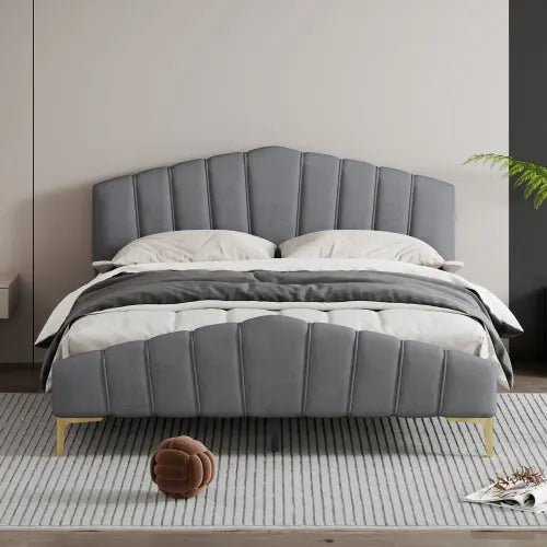 Bellemave® Queen Size Velvet Upholstered Platform Bed with Thick Fabric, Stylish Stripe Decorative Headboard and Metal Bed Leg - Bellemave