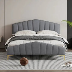 Bellemave® Queen Size Velvet Upholstered Platform Bed with Thick Fabric, Stylish Stripe Decorative Headboard and Metal Bed Leg - Bellemave