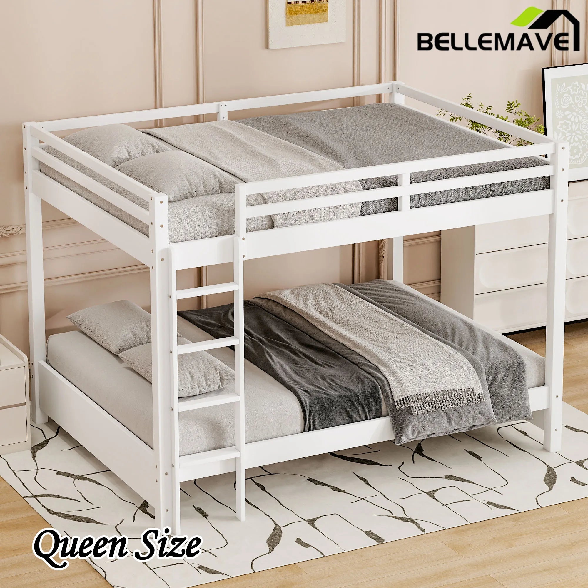 Bellemave® Queen Size Wood Bunk Bed with Ladder - Bellemave
