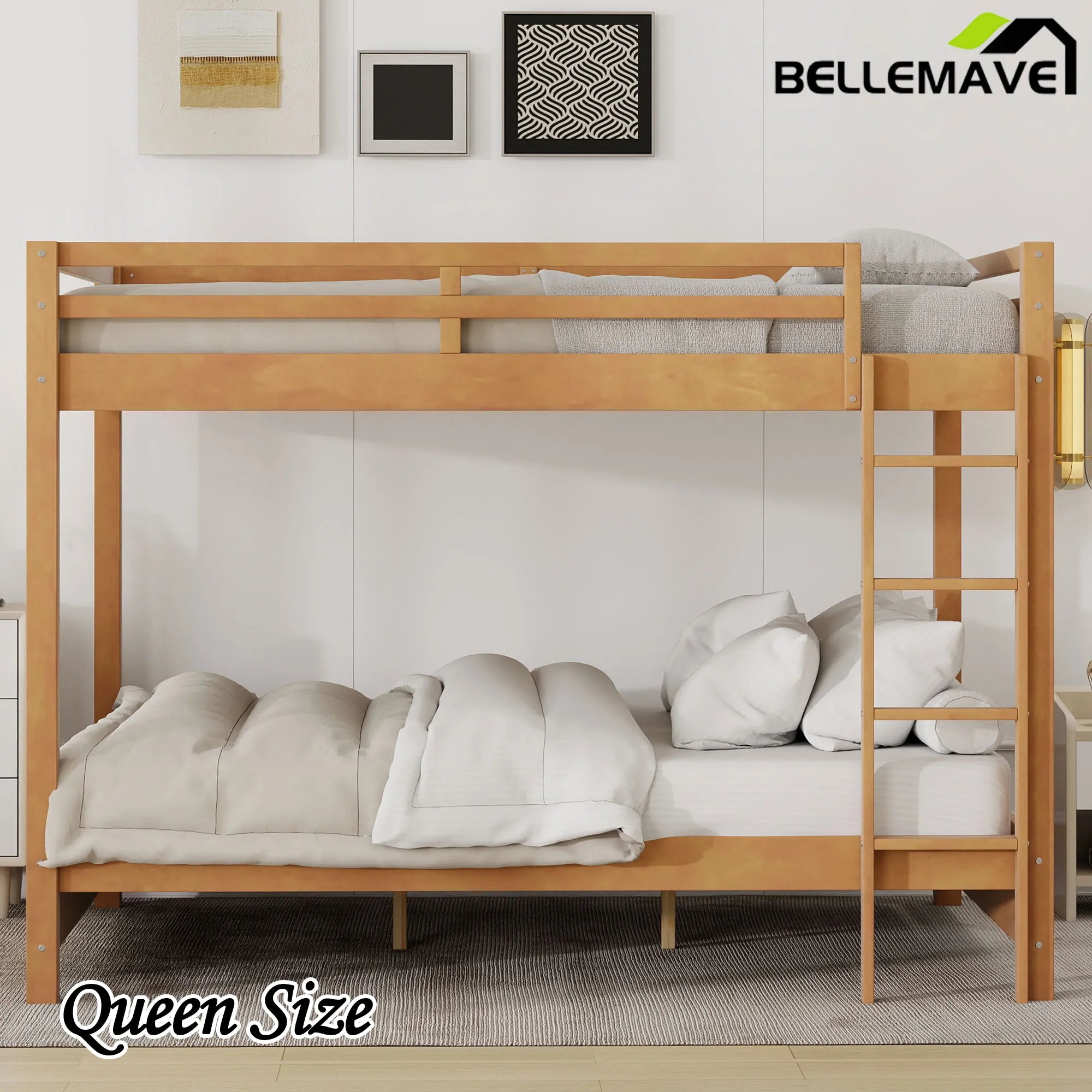 Bellemave® Queen Size Wood Bunk Bed with Ladder - Bellemave
