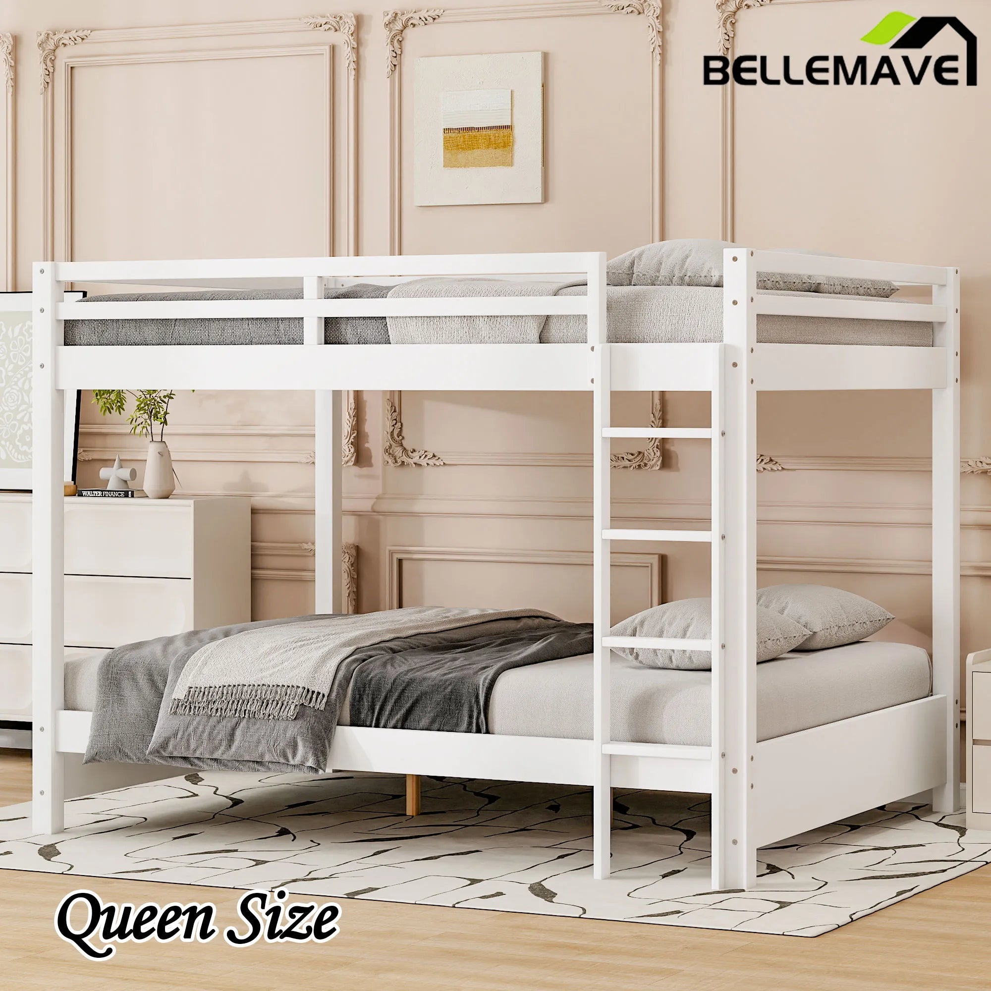Bellemave® Queen Size Wood Bunk Bed with Ladder - Bellemave