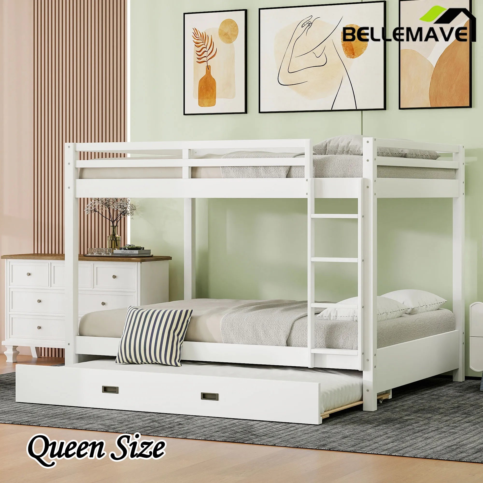 Bellemave® Queen Size Wood Bunk Bed with Ladder and Twin Size Trundle - Bellemave