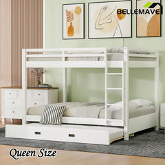 Bellemave® Queen Size Wood Bunk Bed with Ladder and Twin Size Trundle - Bellemave