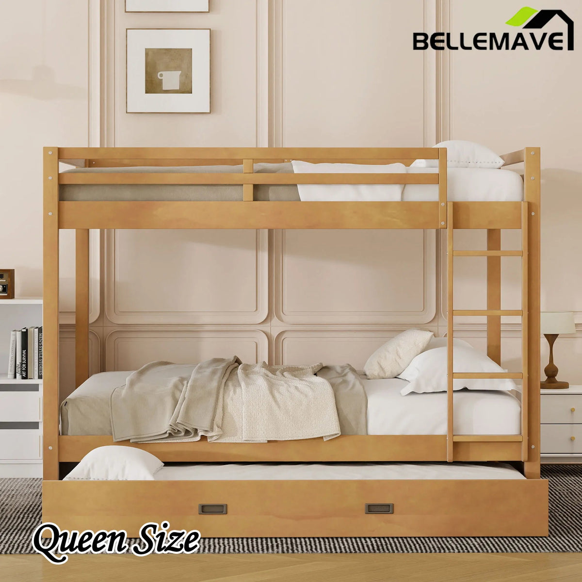 Bellemave® Queen Size Wood Bunk Bed with Ladder and Twin Size Trundle - Bellemave