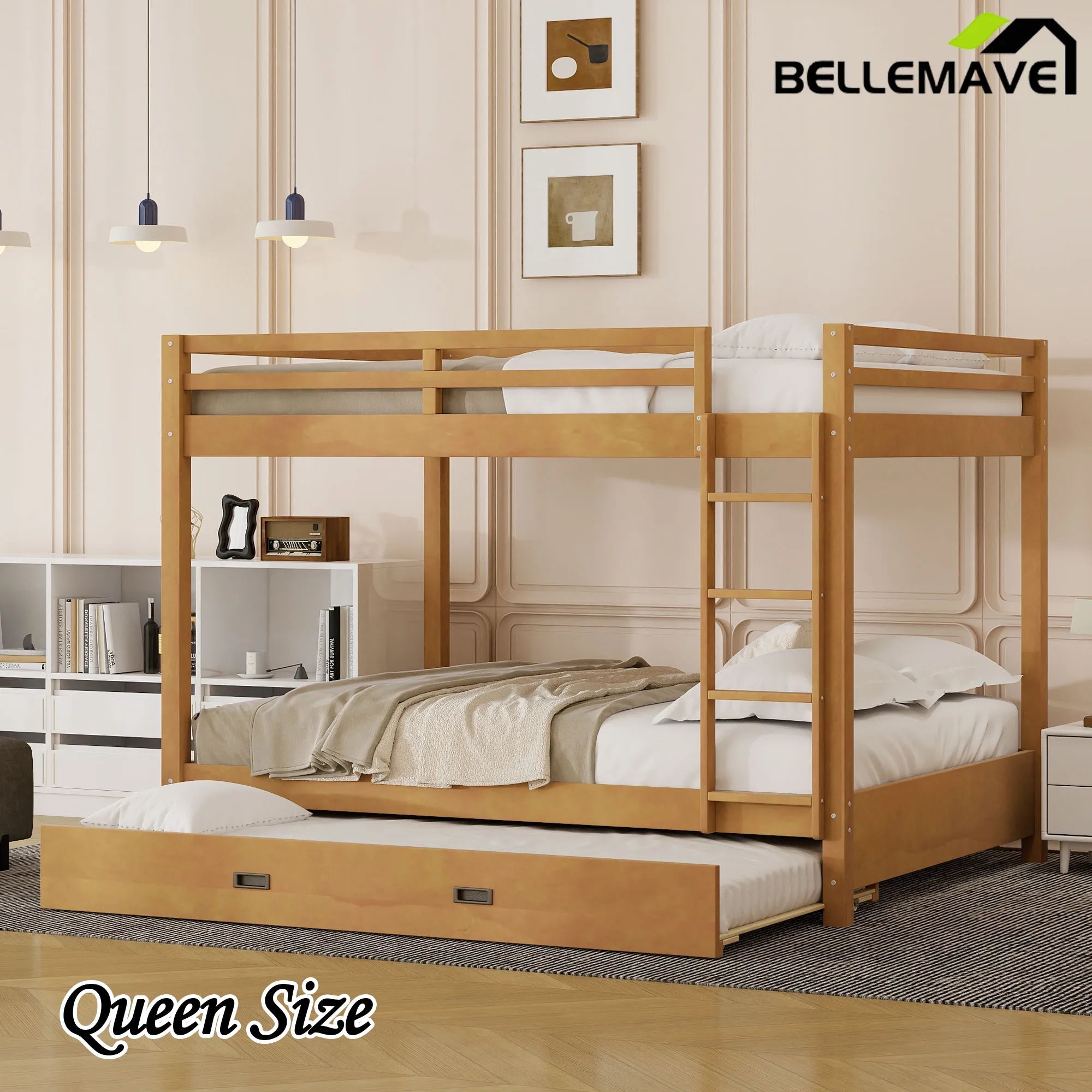 Bellemave® Queen Size Wood Bunk Bed with Ladder and Twin Size Trundle - Bellemave