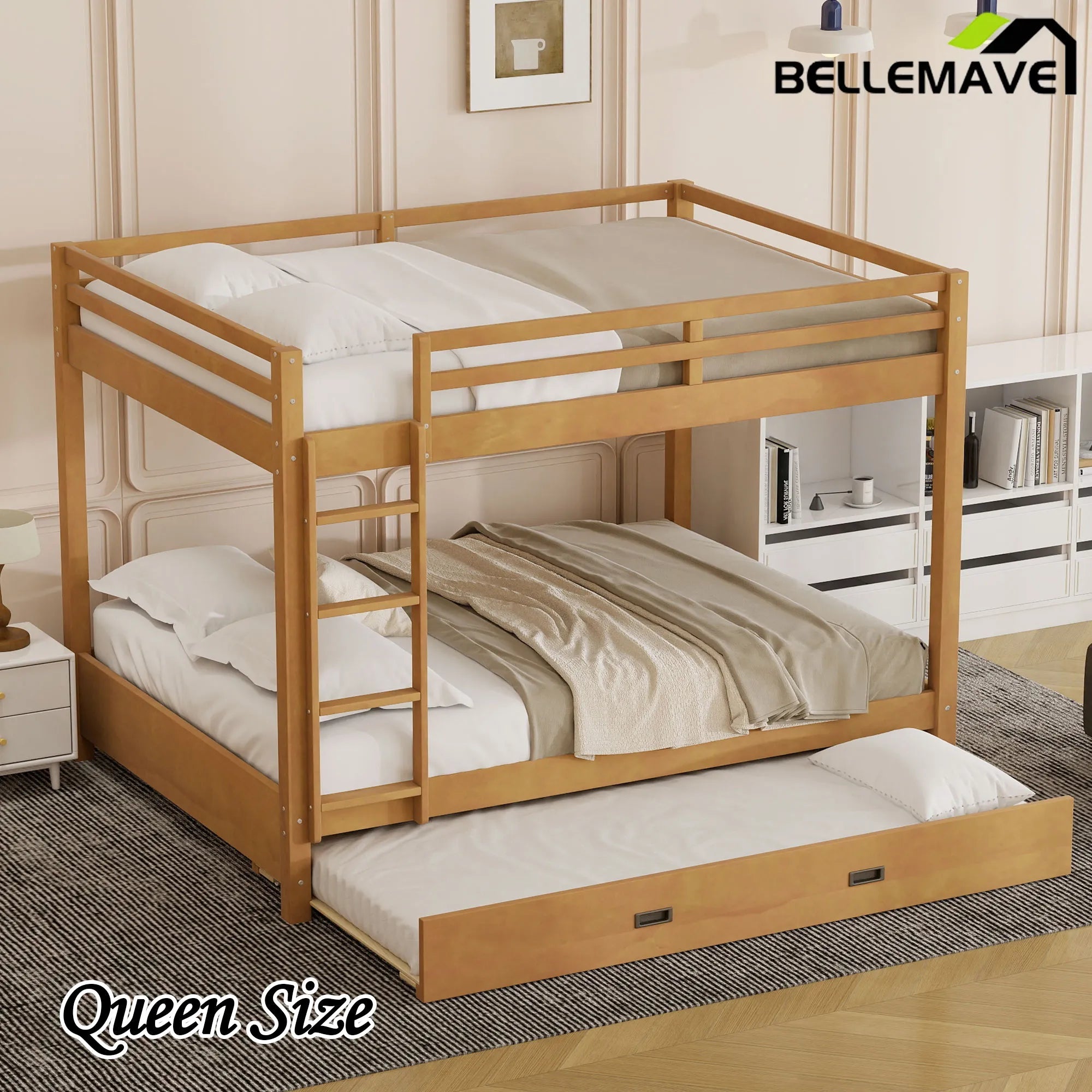 Bellemave® Queen Size Wood Bunk Bed with Ladder and Twin Size Trundle - Bellemave