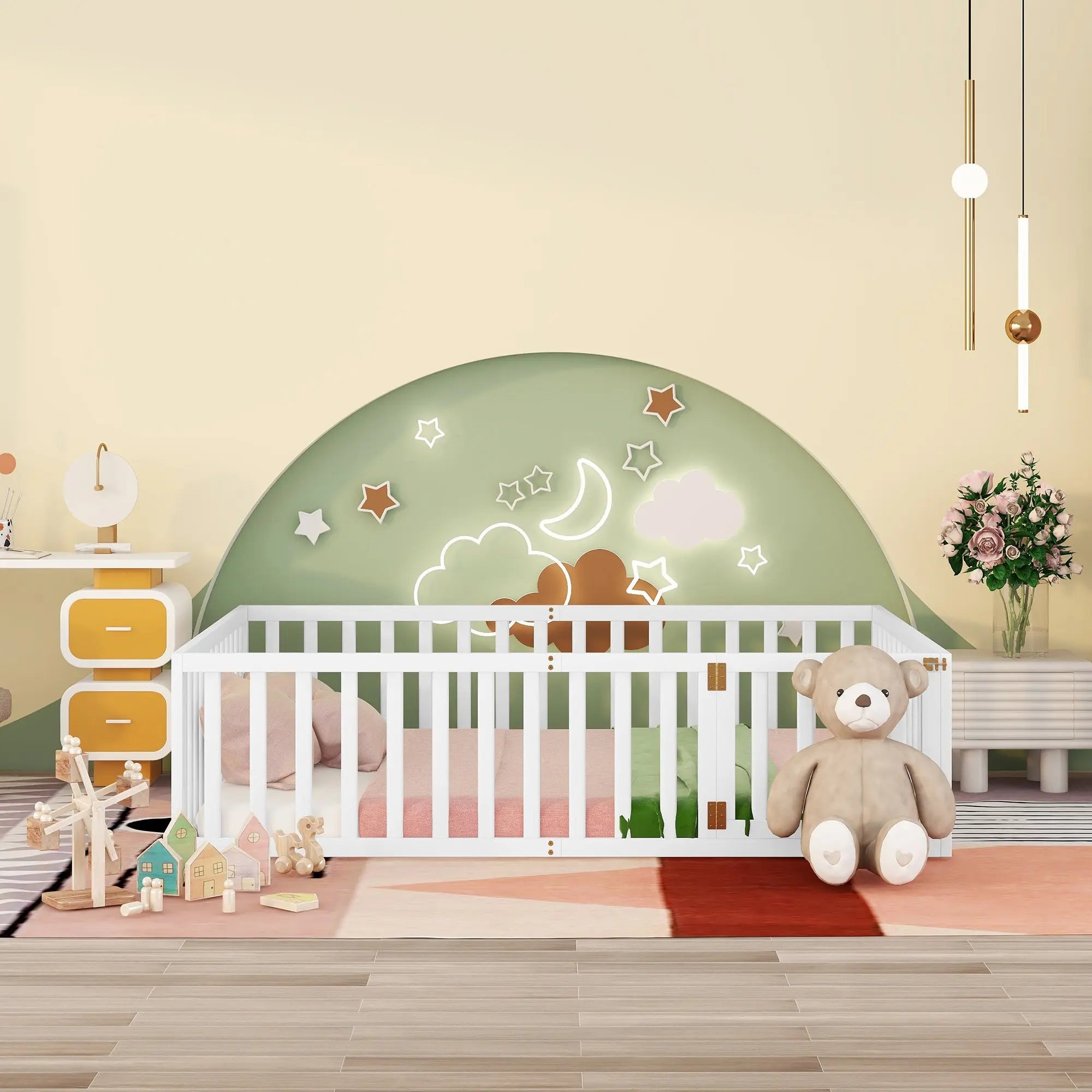 Bellemave® Queen Size Wood Floor Bed Frame with Fence and Door - Bellemave