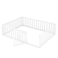 Bellemave® Queen Size Wood Floor Bed Frame with Fence and Door - Bellemave