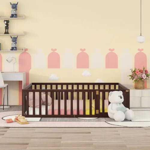 Bellemave® Queen Size Wood Floor Bed Frame with Fence and Door - Bellemave