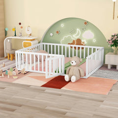Bellemave® Queen Size Wood Floor Bed Frame with Fence and Door - Bellemave