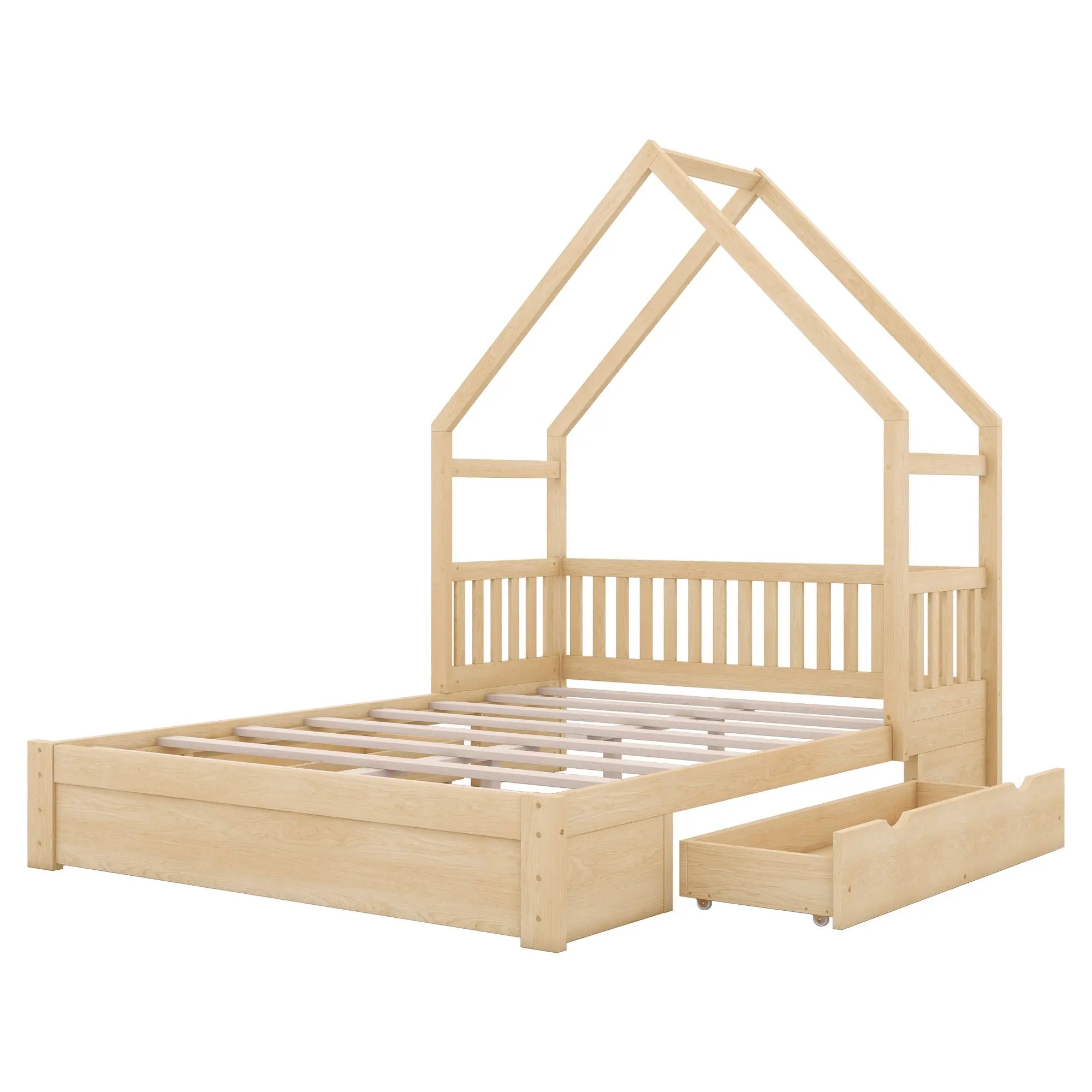 Bellemave® Queen Size Wood House Platform Bed with Guardrail and 2 Drawers - Bellemave