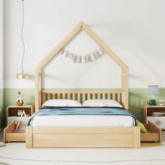 Bellemave® Queen Size Wood House Platform Bed with Guardrail and 2 Drawers - Bellemave