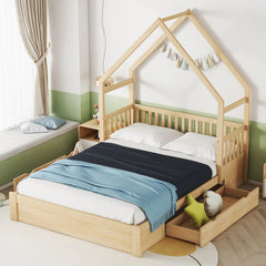 Bellemave® Queen Size Wood House Platform Bed with Guardrail and 2 Drawers - Bellemave