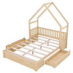 Bellemave® Queen Size Wood House Platform Bed with Guardrail and 2 Drawers - Bellemave