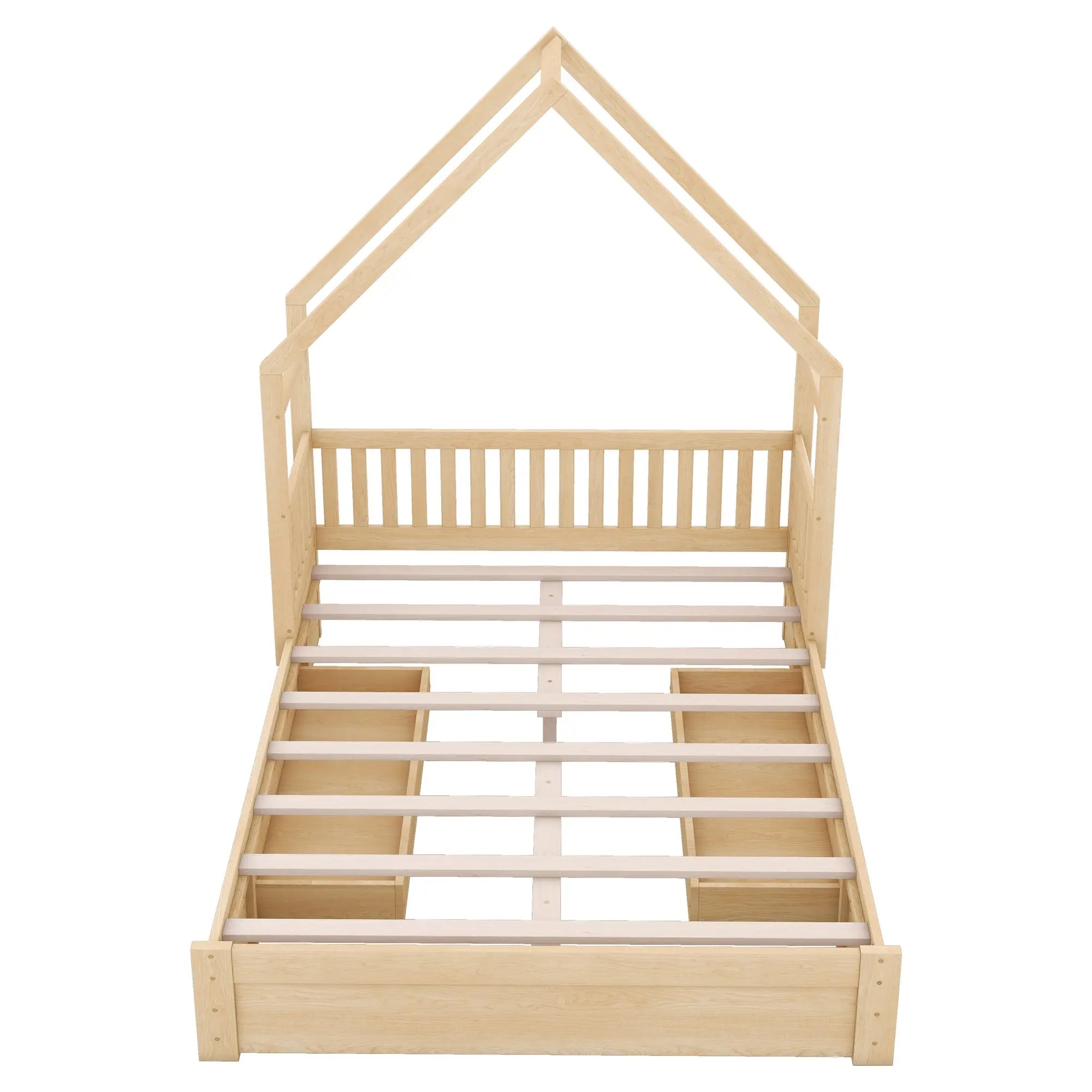 Bellemave® Queen Size Wood House Platform Bed with Guardrail and 2 Drawers - Bellemave