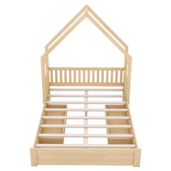 Bellemave® Queen Size Wood House Platform Bed with Guardrail and 2 Drawers - Bellemave