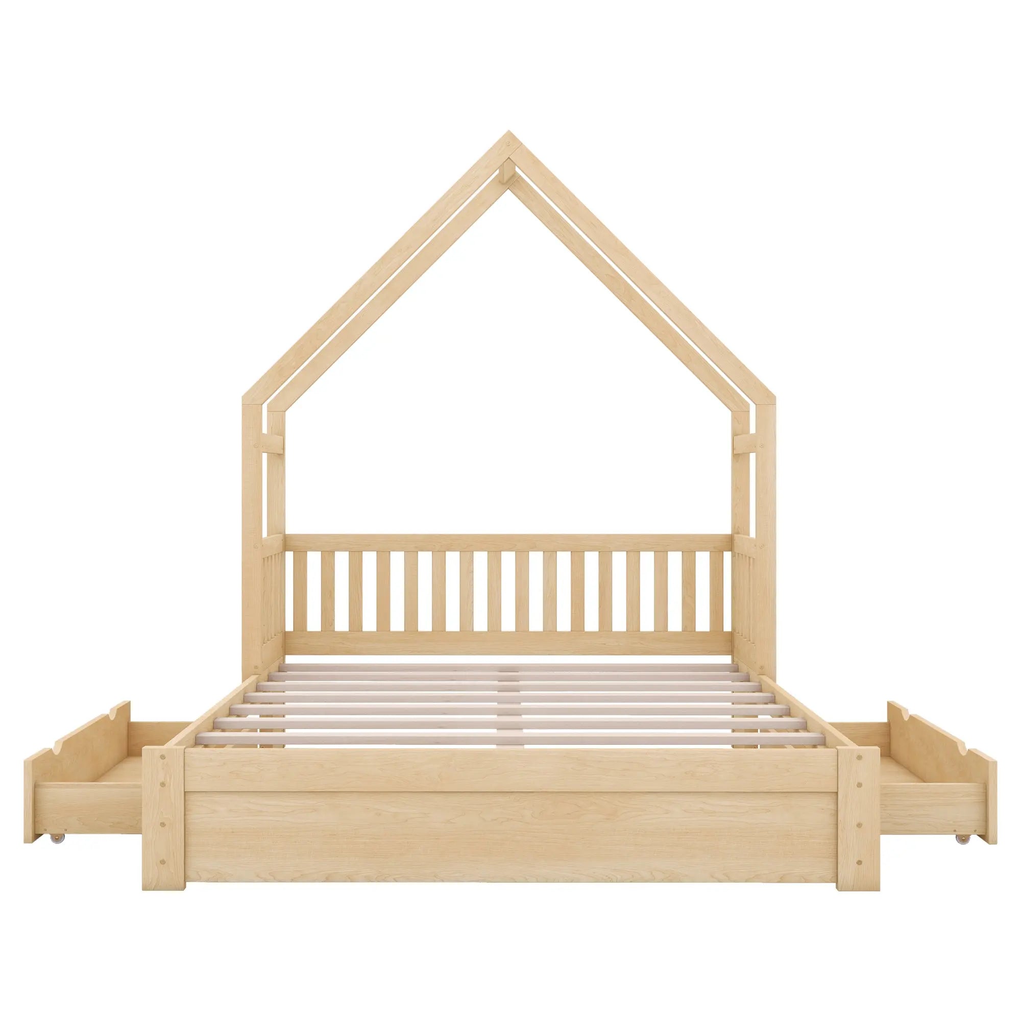 Bellemave® Queen Size Wood House Platform Bed with Guardrail and 2 Drawers - Bellemave