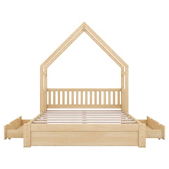 Bellemave® Queen Size Wood House Platform Bed with Guardrail and 2 Drawers - Bellemave