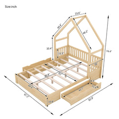 Bellemave® Queen Size Wood House Platform Bed with Guardrail and 2 Drawers - Bellemave