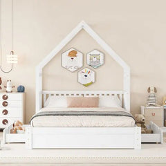 Bellemave® Queen Size Wood House Platform Bed with Guardrail and 2 Drawers - Bellemave